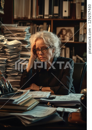portrait woman desk stacks papers documents 129297480