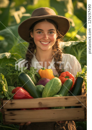woman hat dress crate vegetables field 129297490