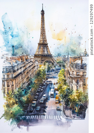 paris watercolor eiffel style brush strokes 129297499