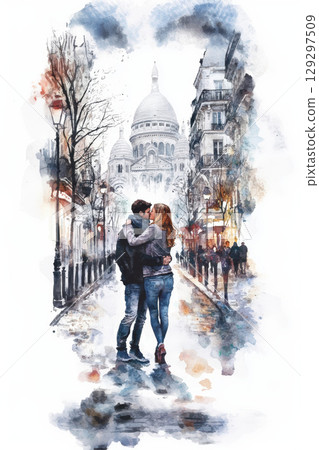 paris watercolor couple city street style 129297509