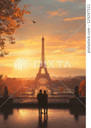 paris portrayal eiffel sunset sky hues 129297521