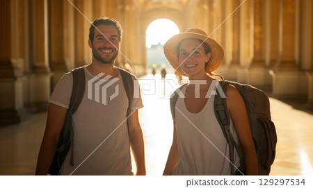 paris man woman columns corridor sun 129297534