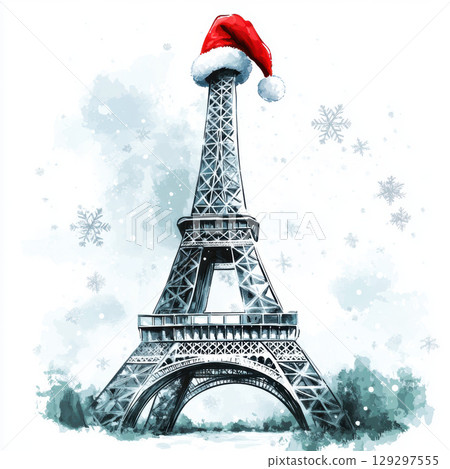 paris watercolor eiffel hat tower santa 129297555