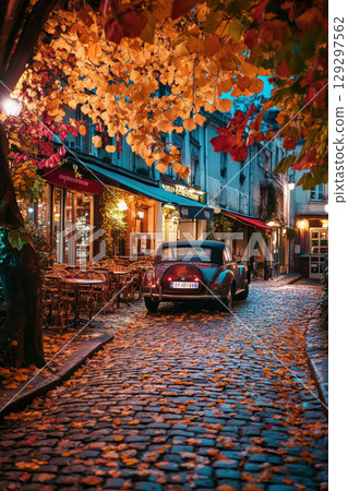 paris street scene vintage car cobblestone 129297562