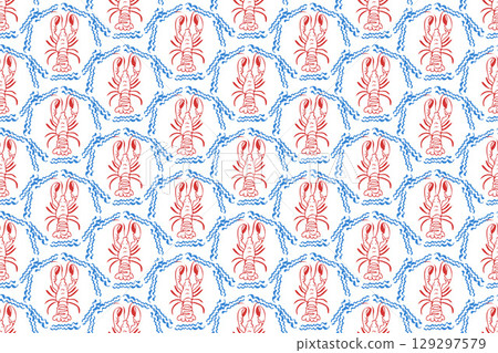 Hand drawn vintage lobster sea food seamless pattern. Marine animal background illustration with crawfish, restaurant cooking ingredient wallpaper texture print. Hand drawn vintage lobster sea food seamless pattern. Marine animal background illustration with crawfish, restaurant cooking ingredient wallpaper texture print. 129297579