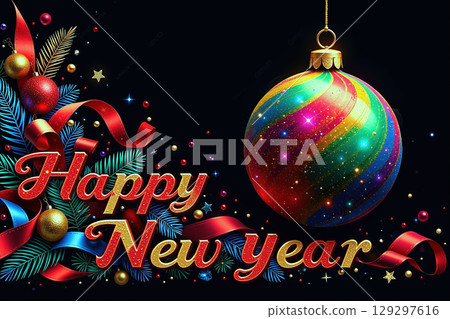 Happy New Year text with ornaments and ribbons. 129297616