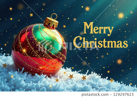 Colorful Christmas ornament on snow with Merry Christmas text. 129297623
