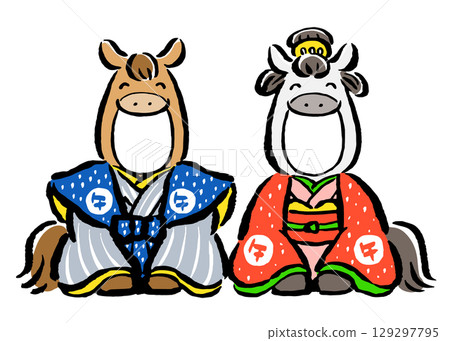 兩人份的插臉賀年卡素材:屬馬(Uma)的男士和女士,慶祝馬年的到來 兩人份的插臉賀年卡素材:屬馬(Uma)的男士和女士,慶祝馬年的到來 129297795