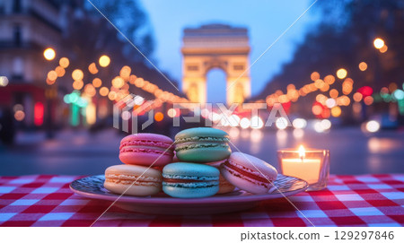 RV truck in camping site with landscape of American Wild West with desert sandstones. 129297846