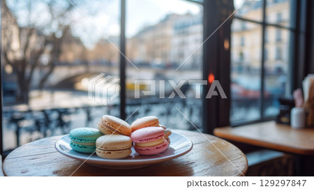 RV truck in camping site with landscape of American Wild West with desert sandstones. 129297847