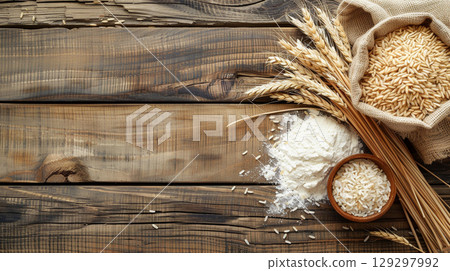 Wheat grains with wheat ear and flour closeup view 129297992