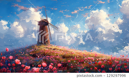 Artistic painting of rural countryside scene with traditional windmill 129297996