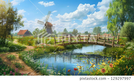 Artistic painting of rural countryside scene with traditional windmill at waterfront 129297997