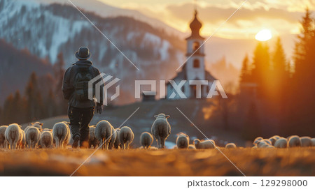 A herd of sheep with shepherd in countryside at sunset with church and scenic rural view. 129298000