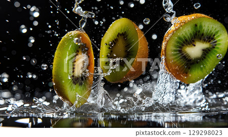 Fresh juicy kiwi fruit slices with water splash 129298023