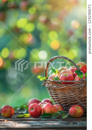 wicker basket apples surface background blur 129298071
