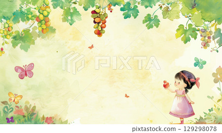 watercolor illustration girl dress apple foliage 129298078