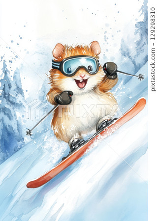 watercolor arm ski pole hamster snowy 129298310