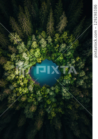 aerial view forest foliage lake green 129298386