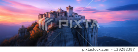 sunset digital castle cliff artwork perched 129298397