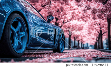 sports car street cherry blossom trees 129298411