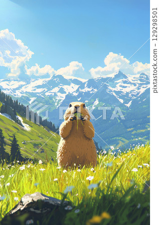 illustration dog grassy meadow mountain range 129298501