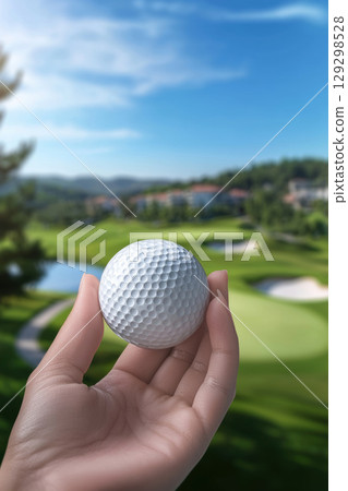 persons hand golf ball course closeup 129298528