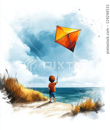 illustration boy sea kite sky hues 129298531