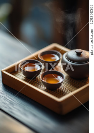 tea cups teapot table closeup liquid 129298592