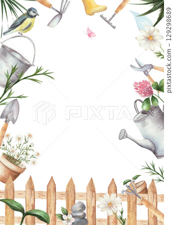 Vertical watercolor frame with garden tools, wooden fence, watering can, clay pots, clover, chamomile, flowers, and birds with a butterfly. Pink and white flowers, space for text. White background 129298689