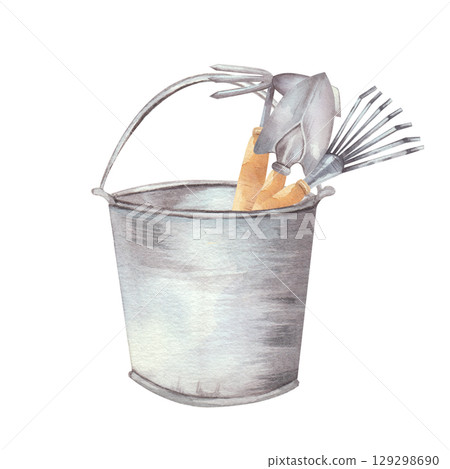 Watercolor illustration of metal bucket filled with gardening tools, including small spade, hand rake, and fork. Perfect for garden-themed designs, cards, posters, and invitations. White background 129298690
