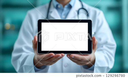 Medical professional in green scrubs holding a blank tablet, illustrating the concept of virtual doctor consultations 129298780