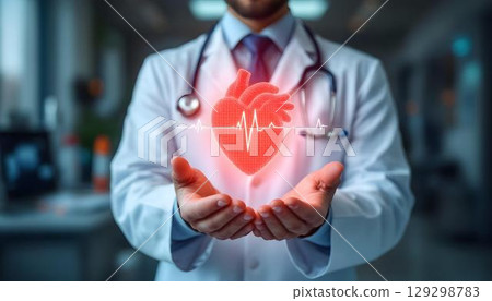 A cardiologist exhibits a heart that beats, symbolizing dedication to heart health and the well-being of patients 129298783