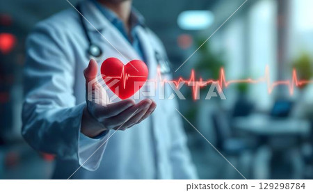 A doctor holds a pulsating heart, representing both compassion and expertise in cardiology 129298784