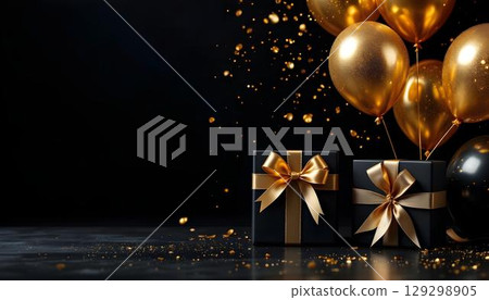 Golden balloons and birthday gifts tastefully arranged on a smooth black backdrop, evoking a celebratory vibe Golden balloons and birthday gifts tastefully arranged on a smooth black backdrop, evoking a celebratory vibe 129298905