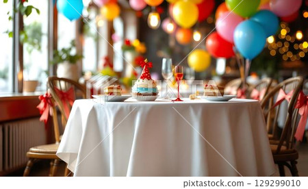 A festive birthday cake adorned with candles, surrounded by colorful balloons at a cheerful birthday party dinner 129299010
