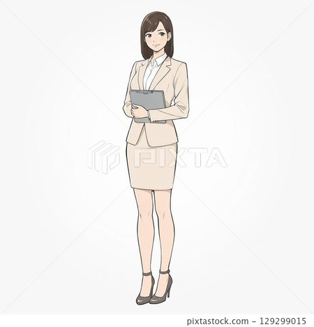 身穿奶油色西裝的女性上班族,手拿平板電腦(白色背景) 身穿奶油色西裝的女性上班族,手拿平板電腦(白色背景) 129299015