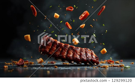 Juicy barbecue ribs glistening with sauce, freshly grilled and ready to be served 129299120