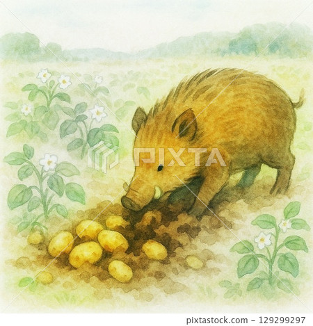 Wild boar digging in a potato field 129299297
