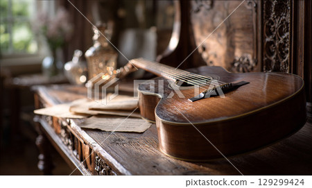 A classical guitar and sheet music bathed in warm light 129299424