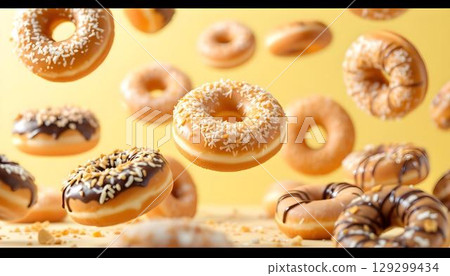 Colorful donuts floating against a vibrant yellow background, creating a whimsical and playful atmosphere 129299434