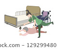 A color illustration of a caregiver rushing to assist an elderly man who has fallen from his wheelchair in front of a care bed 129299480