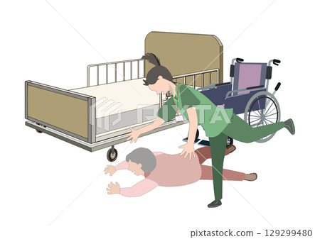 A color illustration of a caregiver rushing to assist an elderly man who has fallen from his wheelchair in front of a care bed 129299480