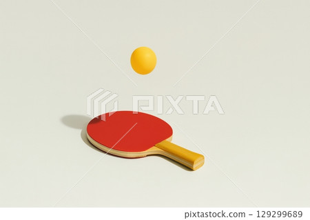 Ping pong paddle with red rubber and yellow ball on minimal beige background 129299689