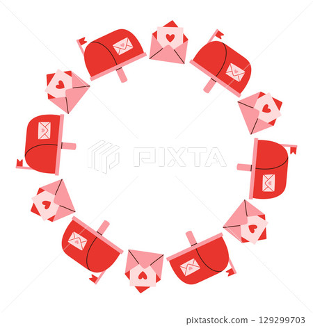 Simple valentines day circle frame. Round love themed border made of different love objects. Pink and red colors happy valentine day hand drawn banner vector isolated on white background. Simple valentines day circle frame. Round love themed border made of different love objects. Pink and red colors happy valentine day hand drawn banner vector isolated on white background. 129299703