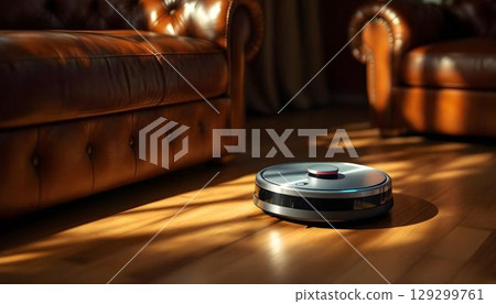 A robot vacuum cleaner sits on the floor adjacent to a couch, highlighting its role in modern home cleaning solutions A robot vacuum cleaner sits on the floor adjacent to a couch, highlighting its role in modern home cleaning solutions 129299761