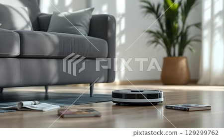 A robot vacuum cleaner positioned on the floor next to a couch, showcasing its compact design and cleaning capabilities 129299762
