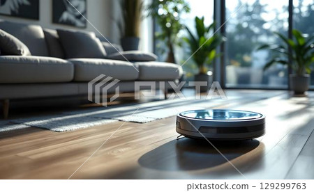 A robot vacuum cleaner rests on the floor beside a couch, ready to clean the living room space efficiently 129299763