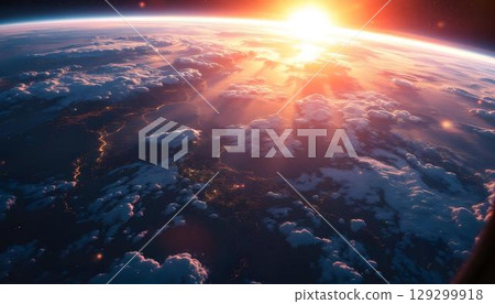 The awe-inspiring scene from a space station window, revealing the remarkable beauty of Earth amidst the vastness of the universe 129299918