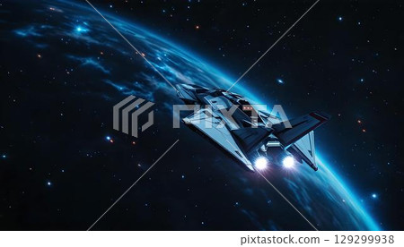 A sleek starship navigating the depths of space, with twinkling stars illuminating its path 129299938